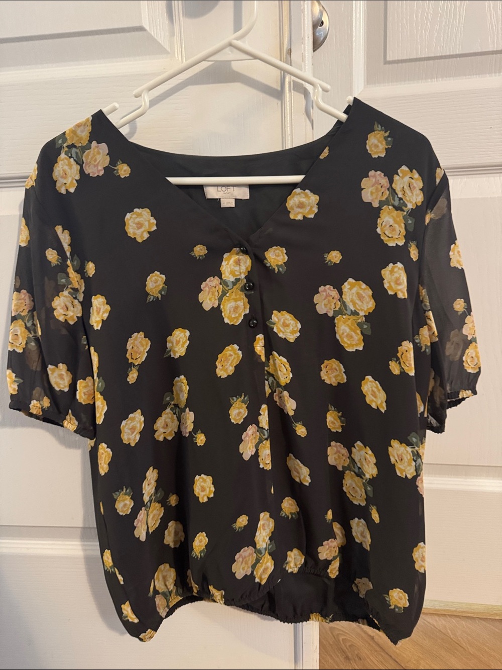 LOFT Black Blouse with Yellow Floral Print